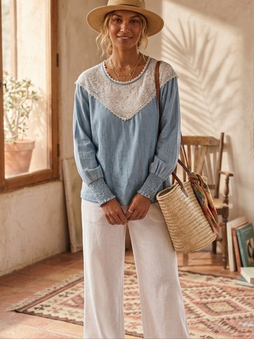 Zara Romantic Light Blue Cotton Blouse with White Embroidered Lace Yoke Medium